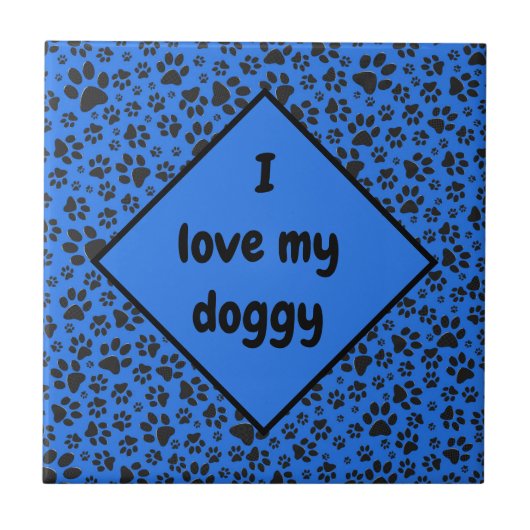 Dog Paws Black & White Polka Dot on tech blue Tegeltje (Voorkant)