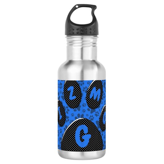 Dog Paws Black & White Polka Dot on tech blue Waterfles (Voorkant)