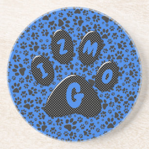 Dog Paws Black & White Polka Dot on tech blue Zandsteen Onderzetter