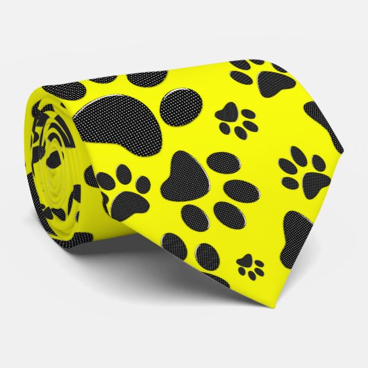 Dog Paws Black & White Polka Dot on yellow Stropdas (Opgerold)