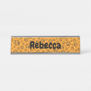 Dog Paws Black & White Polka Dot op dahlia oranje Bureau Naambordje