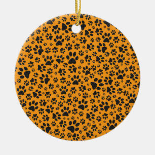 Dog Paws Black & White Polka Dot op dahlia oranje Keramisch Ornament