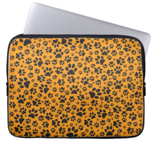 Dog Paws Black & White Polka Dot op dahlia oranje Laptop Sleeve