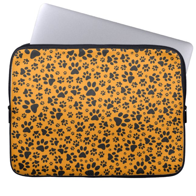 Dog Paws Black & White Polka Dot op dahlia oranje Laptop Sleeve (Voorkant)
