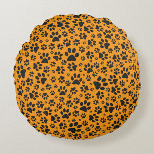 Dog Paws Black & White Polka Dot op dahlia oranje Rond Kussen