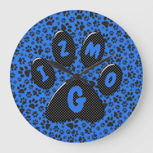 Dog Paws Black & White Polka Dot op tech blue Larg Grote Klok