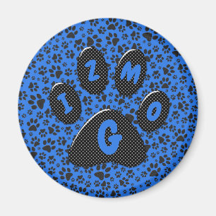 Dog Paws Black & White Polka Dot op tech blue Magn Magneet