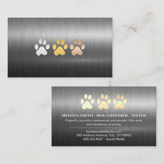 Dog Paws Metaal geborsteld Visitekaartje (Voorkant / Achterkant)