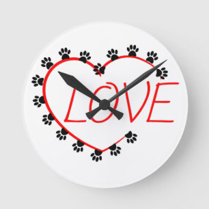 Dog Paws Red Heart Love Ronde Klok