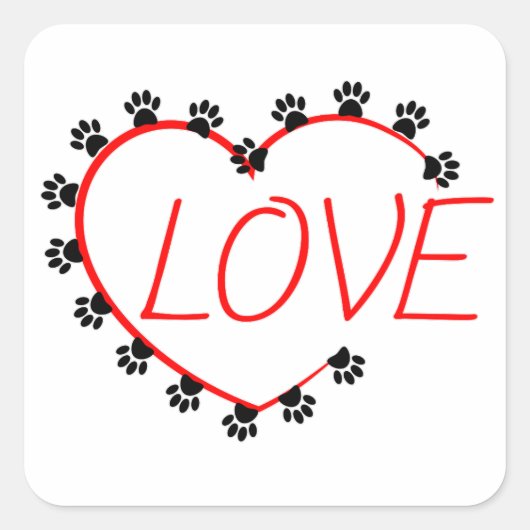 Dog Paws Red Heart Love Vierkante Sticker (Voorkant)