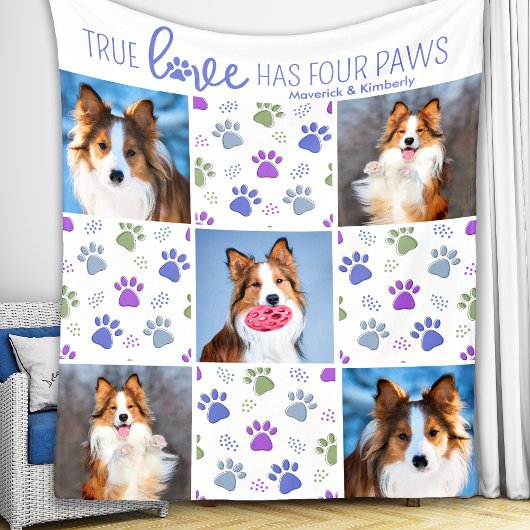 Dog Personalized 5 Photo Trendy Paw Print Quilt Fleece Deken