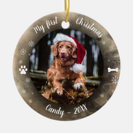 Dog Pet Eerste Kerstfeest Foto Rustic Animal Print Keramisch Ornament (Voorkant)