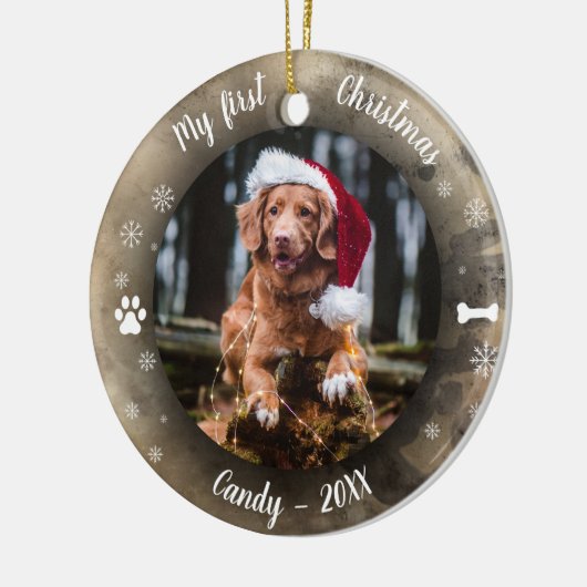 Dog Pet Eerste Kerstfeest Foto Rustic Animal Print Keramisch Ornament (Links)