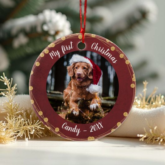 Dog Pet Eerste Kerstfeest Foto Rustic Light Wreath Keramisch Ornament