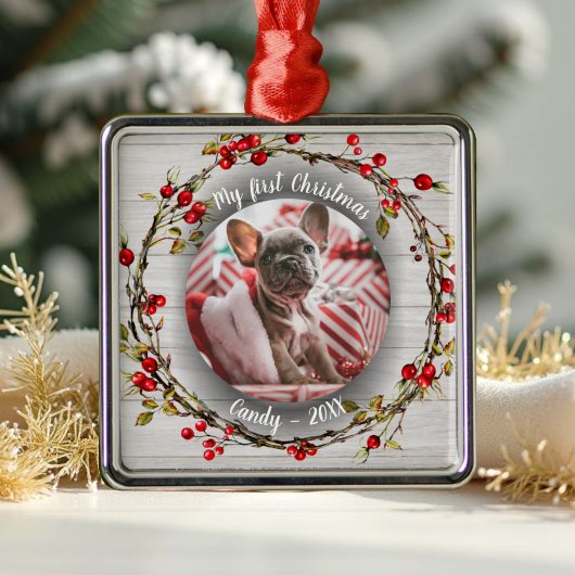 Dog Pet Eerste Kerstfoto Rusti Wreaths Metalen Ornament