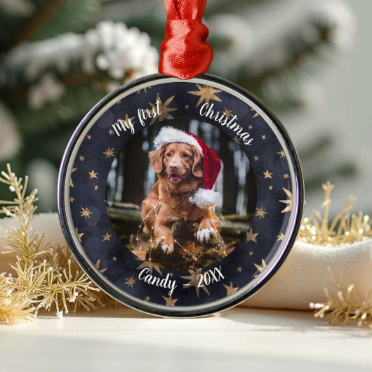 Dog Pet First Kerstfoto Rustic Messy Stars Metalen Ornament