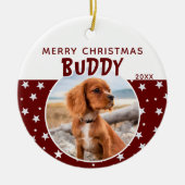 Dog Pet-foto Merry Kerstmis Rood Star Patroon Keramisch Ornament (Voorkant)