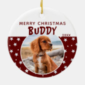 Dog Pet-foto Merry Kerstmis Rood Star Patroon Keramisch Ornament (Achterkant)