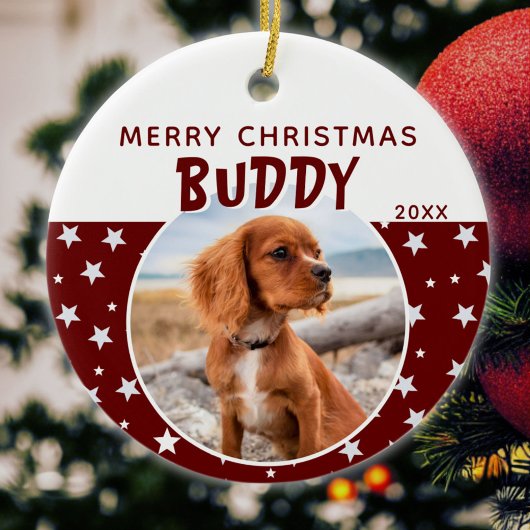 Dog Pet-foto Merry Kerstmis Rood Star Patroon Keramisch Ornament