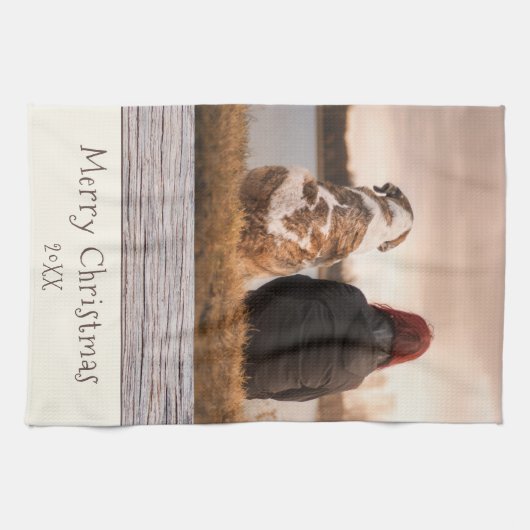 Dog Pet Foto Rustic Wood Kerst Theedoek (Horizontaal)