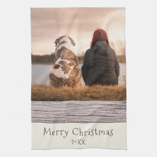 Dog Pet Foto Rustic Wood Kerst Theedoek (Verticaal)