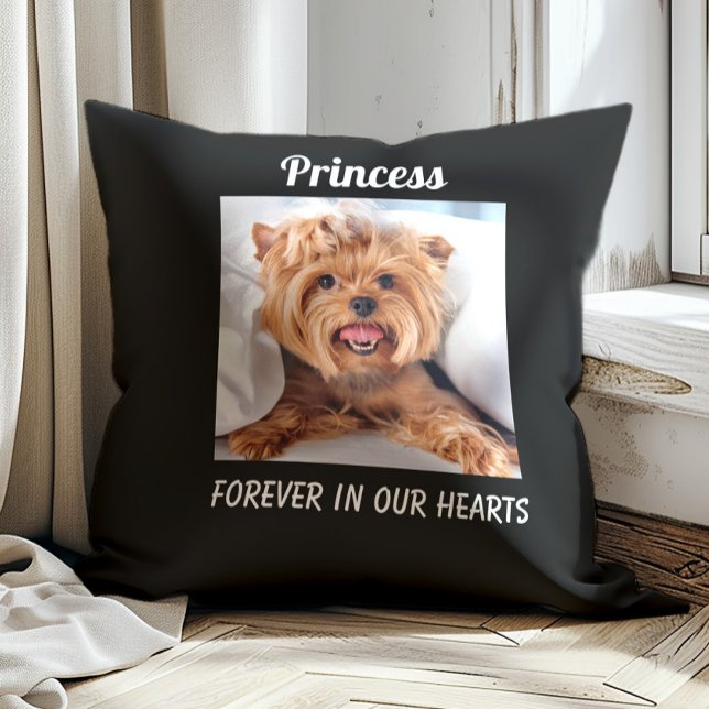 Dog Pet Memorial Remembrance Forever Hearts Zwart Kussen (Pet memorial photo pillow)