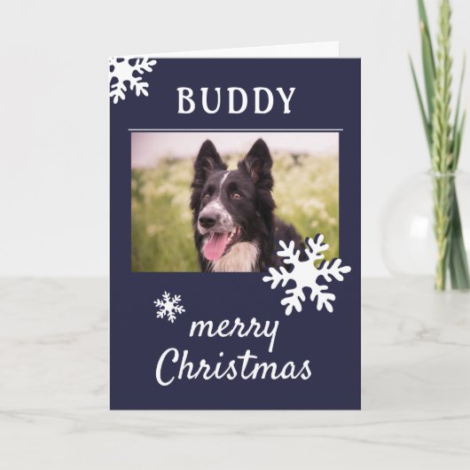 Dog Pet Name Photo Snowflake Dark Blue Feestdagen Kaart (Voorkant)