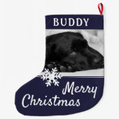 Dog Pet Name Photo Snowflake Dark Blue Grote Kerstsok (Achterkant)