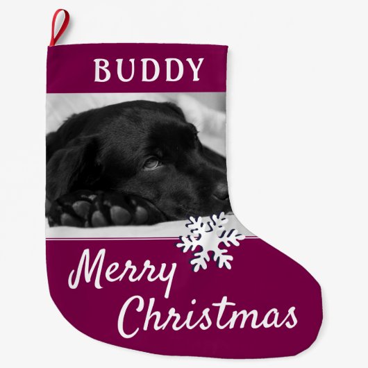 Dog Pet Name Photo Snowflake Grote Kerstsok (Voorkant)