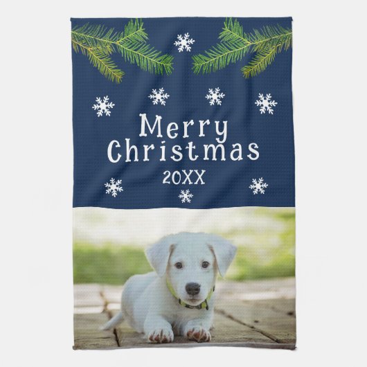 Dog Pet Photo Pine Snowflakes Merry Kerstry Theedoek (Verticaal)