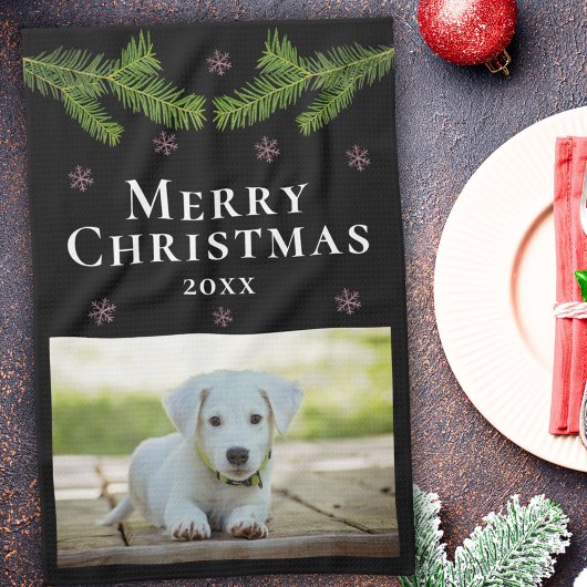 Dog Pet Photo Pine Snowflakes Merry Kerstry Theedoek