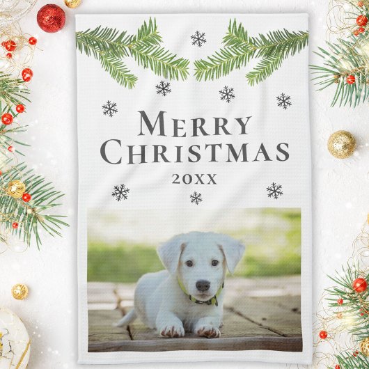 Dog Pet Photo Pine Snowflakes Merry Kerstry Theedoek