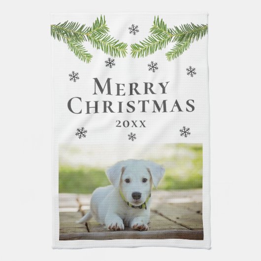 Dog Pet Photo Pine Snowflakes Merry Kerstry Theedoek (Verticaal)