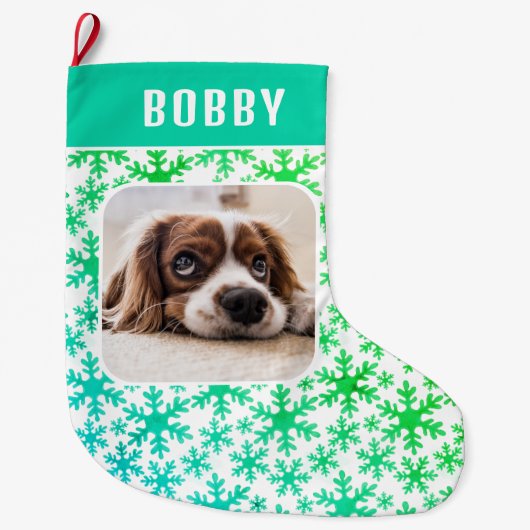 Dog Pet Photo Snowflake Snow Pattern Grote Kerstsok (Voorkant)