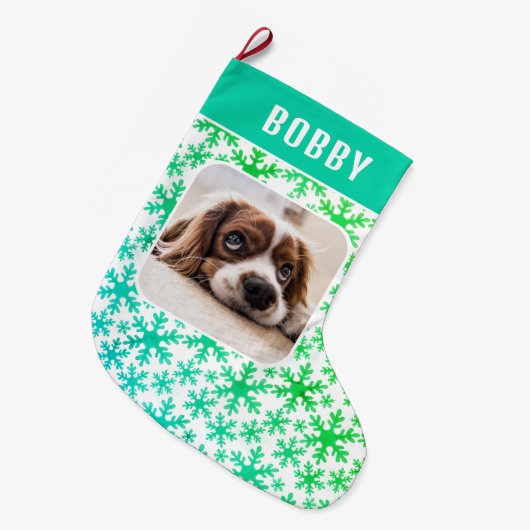 Dog Pet Photo Snowflake Snow Pattern Grote Kerstsok (Voorkant (Hangend))