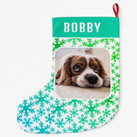 Dog Pet Photo Snowflake Snow Pattern Grote Kerstsok (Achterkant)