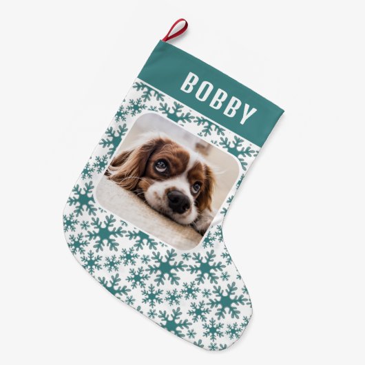 Dog Pet Photo Snowflake Snow Pattern Grote Kerstsok (Voorkant (Hangend))