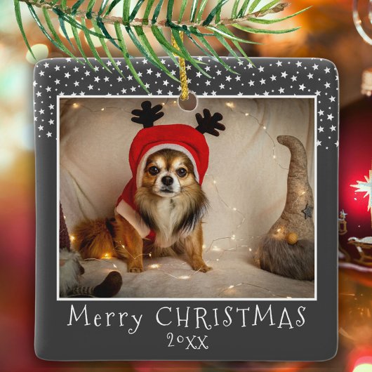 Dog Pet Photo Stars Grey Merry Kerstmis Keramisch Ornament