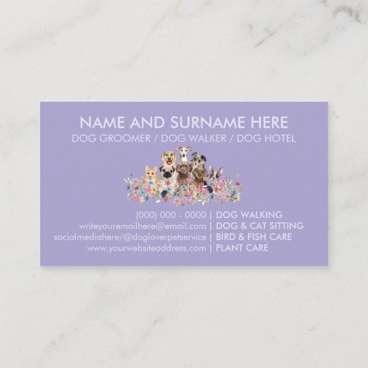Dog Pet Sitting Floral Paars Visitekaartje (Achterkant)