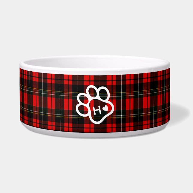  Dog Pets Monogram Name Paw Heart Tartan Voerbakje (Voorkant)