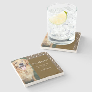 Dog Photo and Family Name Polka Dot Brown Stenen Onderzetter