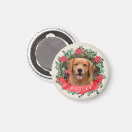 Dog Photo and Name Poinsettia Wreath Holiday Gift Magneet