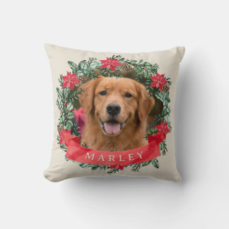 Dog Photo and Name Poinsettia Wreath Holiday Plaid Kussen