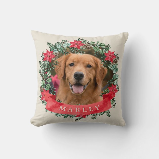 Dog Photo and Name Poinsettia Wreath Holiday Plaid Kussen (Voorkant)