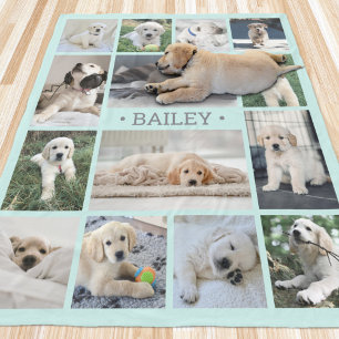 Dog Photo Collage Eenvoudig Modern Blauwgroen Blau Fleece Deken
