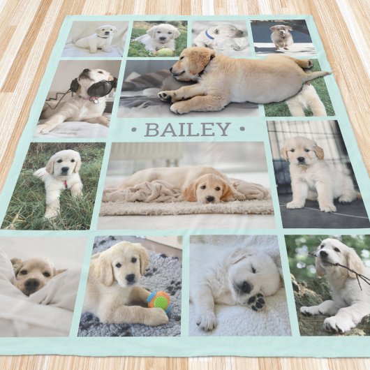 Dog Photo Collage Eenvoudig Modern Blauwgroen Blau Fleece Deken