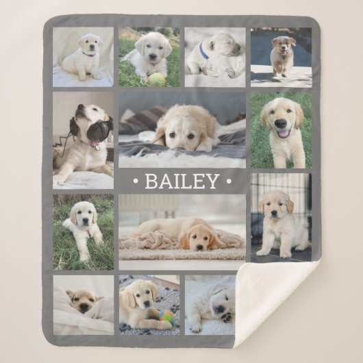 Dog Photo Collage Eenvoudig Modern Grijs en Wit Sherpa Deken (Voorkant)