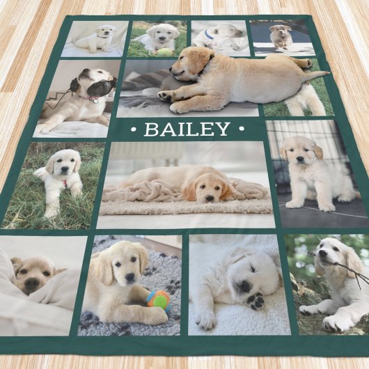 Dog Photo Collage Eenvoudig Modern Groen en Wit Fleece Deken