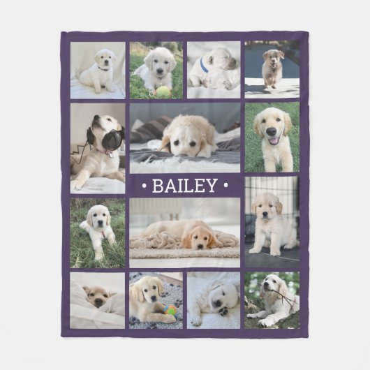 Dog Photo Collage Eenvoudig Modern Paars en Wit Fleece Deken (Voorkant)