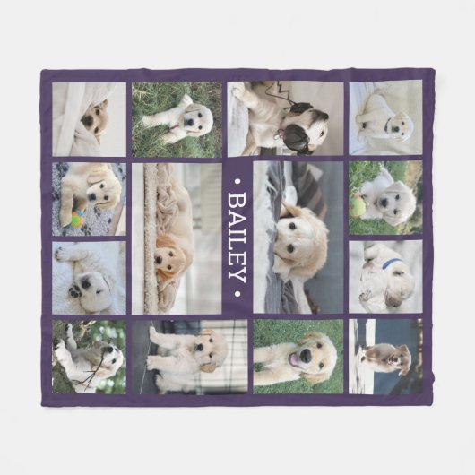 Dog Photo Collage Eenvoudig Modern Paars en Wit Fleece Deken (Voorkant (Horizontaal))